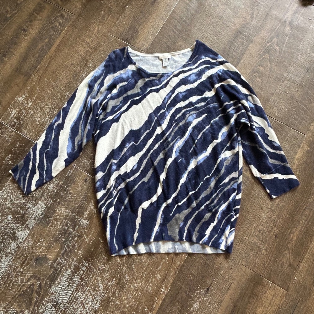 Chicos Abstract Zebra Wave‎ Knit Sweater Navy Blue White 3/4 Sleeve Size 3 L XL